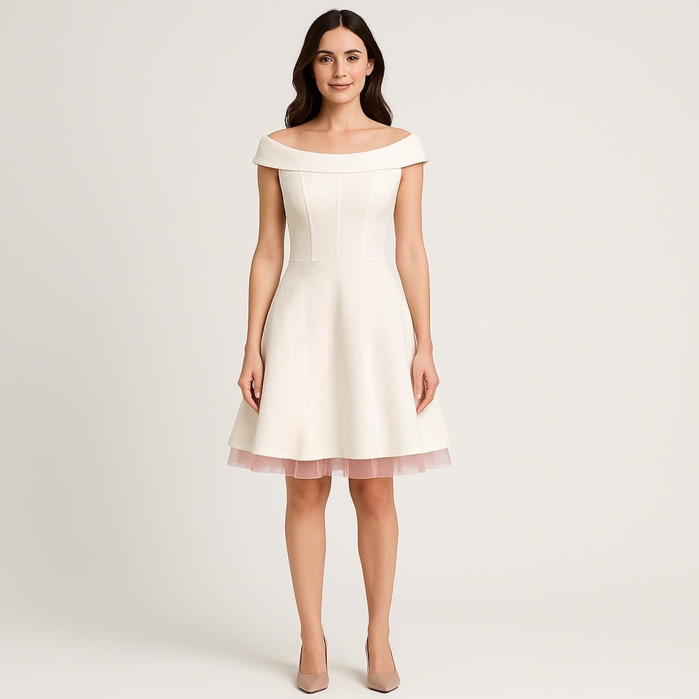 Windsor Vestido Off Shoulder Blanco con Tul Rosa en el Dobladillo Talla 9